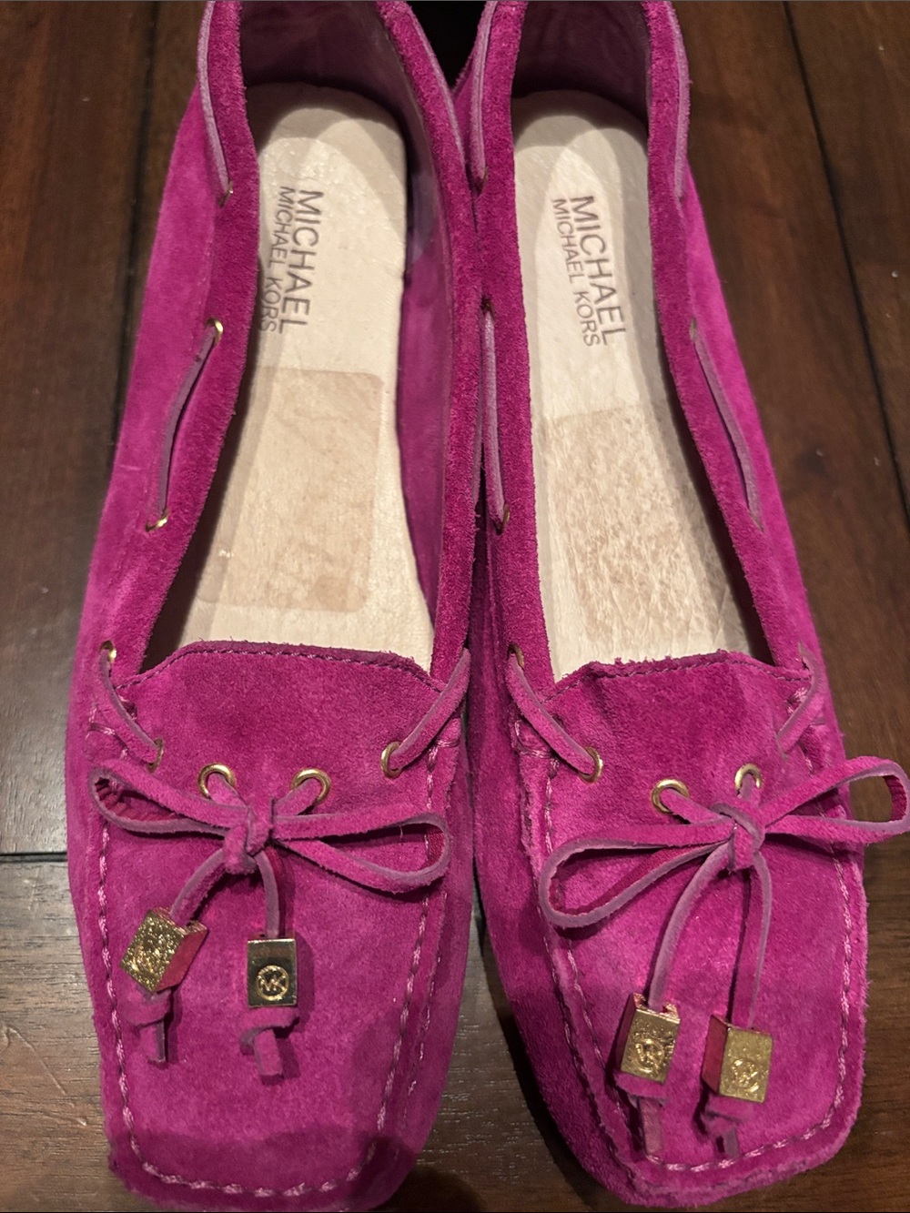 Michael Kors Suede Moccasin Loafers in Bright Fuchsia with Gold Accents